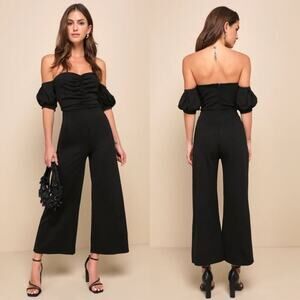 Lulus Black Off the Shoulder Jumpsuit Women's Size Small EUC Ruching Detail
